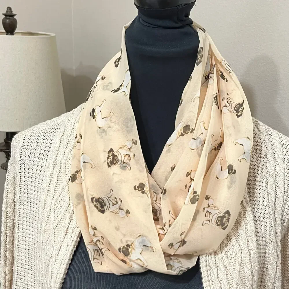 Puppy Dog Infinity Scarf ( Pug) Cream Brown Sheer‎ Lightweight Cute
